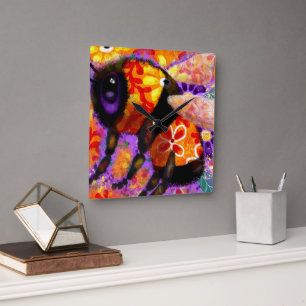 Reloj Cuadrado Bumble Bumble Bee Floral Rojo amarillo morado