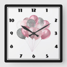 Reloj Cuadrado Bunch Purpurinoso en globo en rosa y plateado