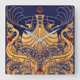 Reloj Cuadrado Buque antiguo, delfines, oro, azul marino