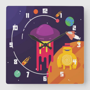 Reloj Cuadrado Buque espacial lindo y colorido en la escena espac