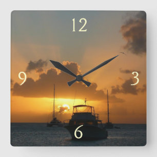 Reloj Cuadrado Buques y el atardecer en la costa tropical