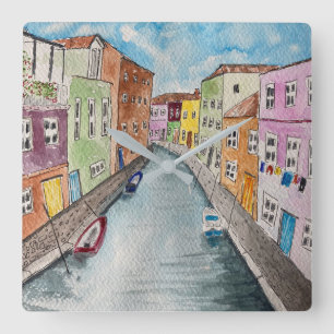 Reloj Cuadrado Burano Venecia Casas de colores vivos