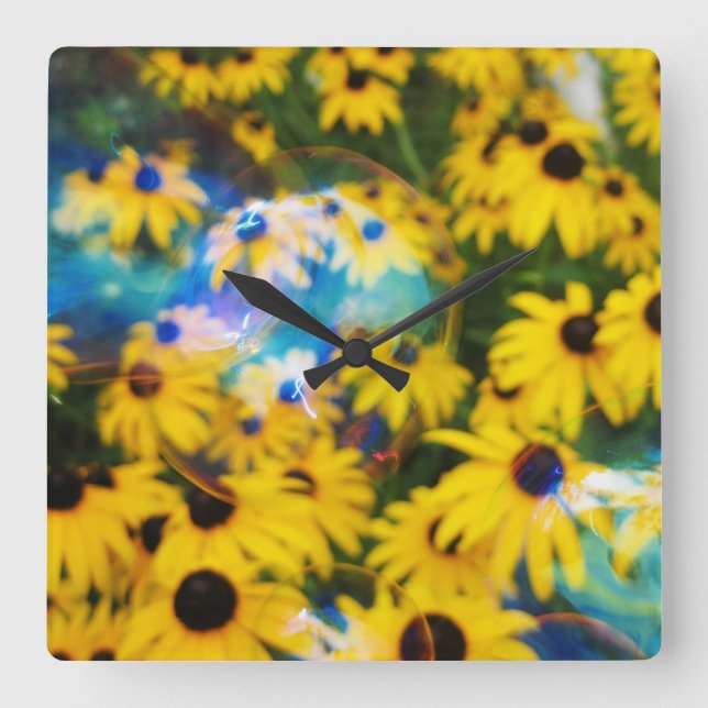 Reloj Cuadrado ¡Burbujas azules en las margaritas! (Anverso)