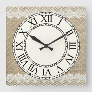 Reloj Cuadrado Burlap y Lace/Pale Yellow Roman Numeral Face