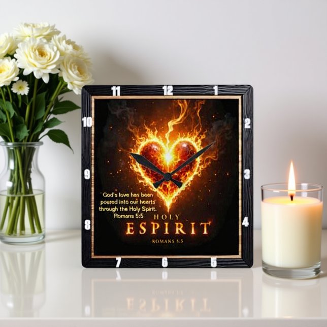 Reloj Cuadrado Burning Heart Holy Spirit Romans 5:5 Love (Subido por el creador)