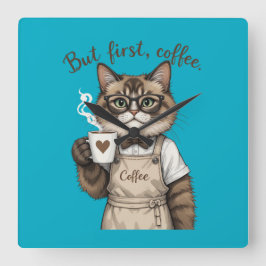 Reloj Cuadrado But First, Coffee Cat