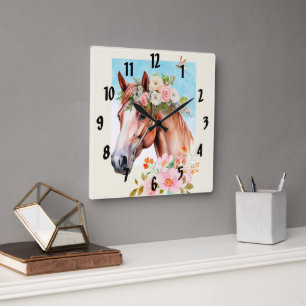 Reloj Cuadrado Caballo acuarela y arte florido