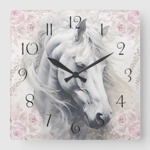 Reloj Cuadrado Caballo Blanco Floral Elegante