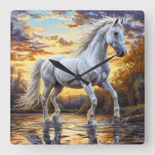 Reloj Cuadrado Caballo Blanco Majestuoso Galopando a Través del A