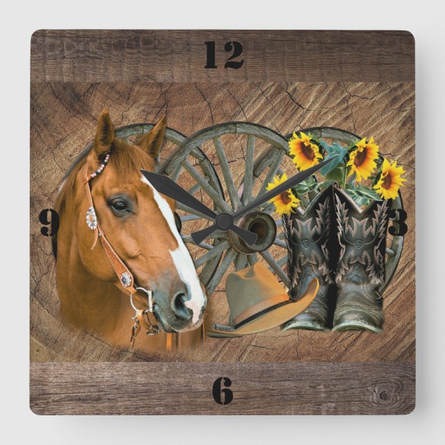 Reloj Cuadrado Caballo Boots Rueda de vagón girasoles occidental (Anverso)