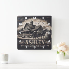 Reloj Cuadrado Caballo Cerca De Un Barrio Vintage Con Montañas