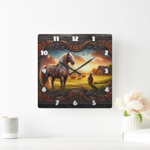 Reloj Cuadrado Caballo de guerra colorido en el vibrante paisaje