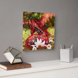 Reloj Cuadrado Caballo de margarita Abstracto Arte Rojo Blanco Fl