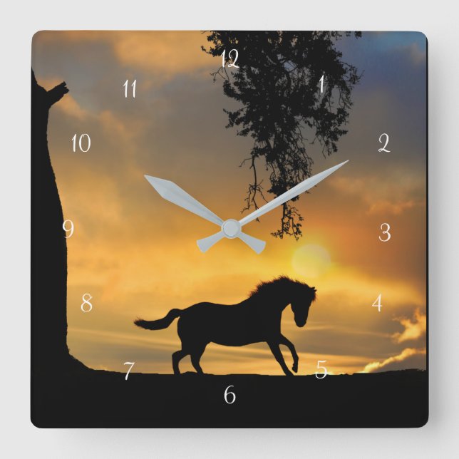 Reloj Cuadrado Caballo de Praning con la naturaleza del atardecer (Anverso)