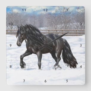 Reloj Cuadrado Caballo Friesiano Negro Borrador En Nieve