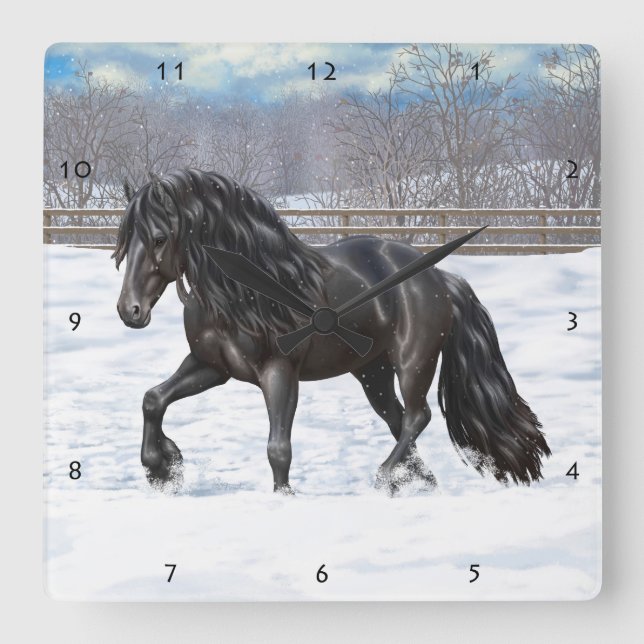 Reloj Cuadrado Caballo Friesiano Negro Borrador En Nieve (Anverso)