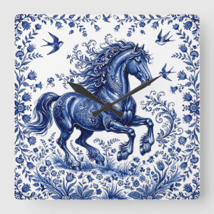 Reloj Cuadrado Caballo frisón al estilo Delftware en prado