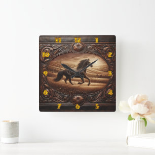 Reloj Cuadrado Caballo galopante en el paisaje del campo atardece