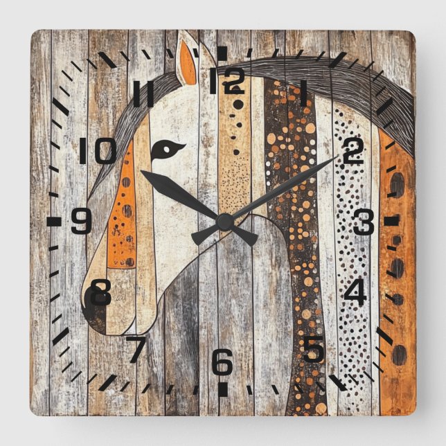 Reloj Cuadrado Caballo geométrico boho de grano de madera rústico (Anverso)