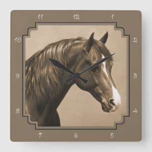 Reloj Cuadrado Caballo Morgan de castaño en Sepia