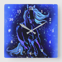 Reloj Cuadrado Caballo Neon Blue Corriendo En La Noche De La Luna