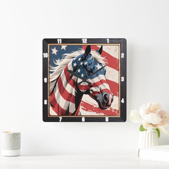 Reloj Cuadrado Caballo Patriótico de Bandera Americana (Hogar)