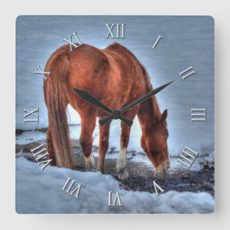Reloj Cuadrado Caballo Red Dun Ranch bebiendo en un estanque neva