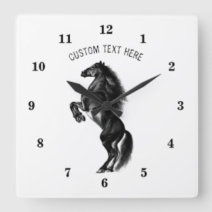 Reloj Cuadrado Caballo salvaje negro vertical - Dibujo negro y bl