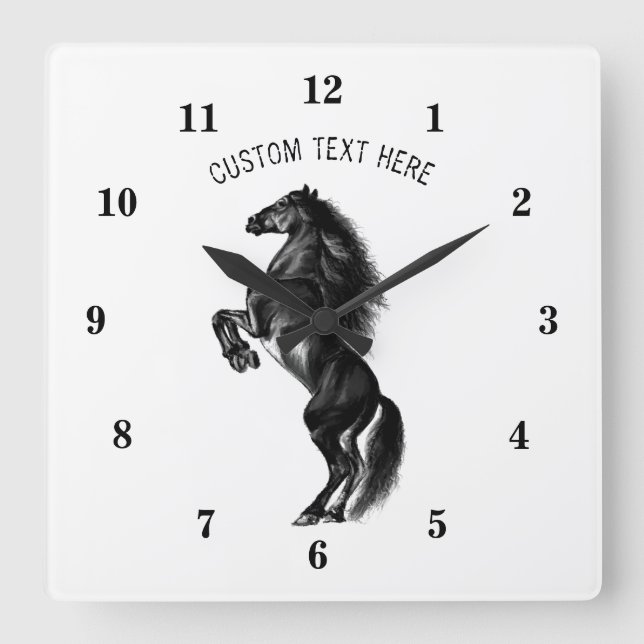 Reloj Cuadrado Caballo salvaje negro vertical - Dibujo negro y bl (Anverso)