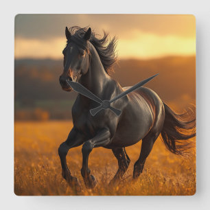 Reloj Cuadrado Caballo Semental Negro Majestuoso Paisaje Atardece