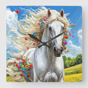 Reloj Cuadrado Caballo y flores
