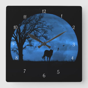 Reloj Cuadrado Caballo y Luna Llena Azul Hermoso