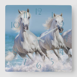 Reloj Cuadrado Caballos blancos andaluces corren en las olas