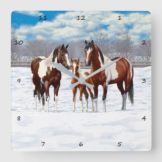 Reloj Cuadrado Caballos Pinto De Bay En Nieve De Invierno (Anverso)