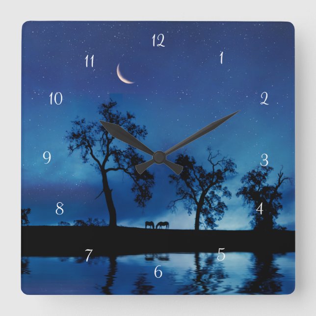 Reloj Cuadrado Caballos y estrellas de la luna Fantasía bella (Anverso)