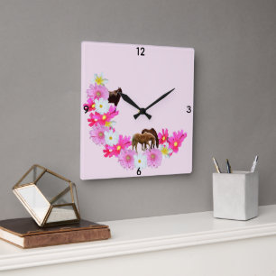 Reloj Cuadrado Caballos y guirnalda de flores de gerbera,