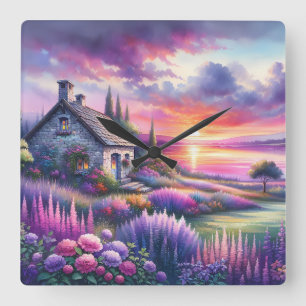Reloj Cuadrado Cabaña Atardecer Pastel Jardín junto al Lago Paisa