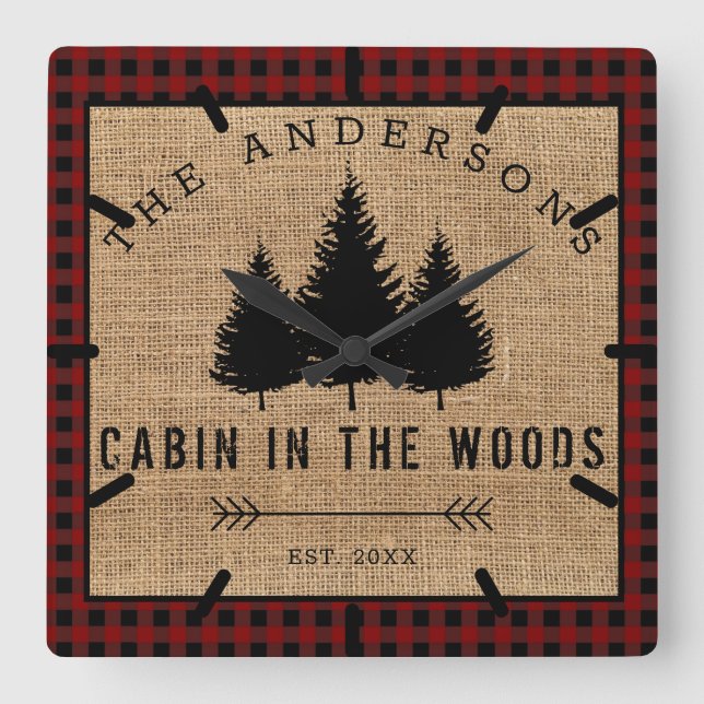 Reloj Cuadrado Cabaña de nombre de familia rústica en los bosques (Anverso)