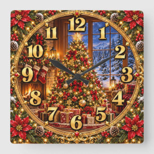 Reloj Cuadrado Cabaña Navideña Acogedora con Árbol de Navidad