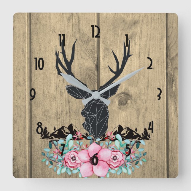 Reloj Cuadrado Cabeza de ciervo negro con flores y montañas rosas (Anverso)