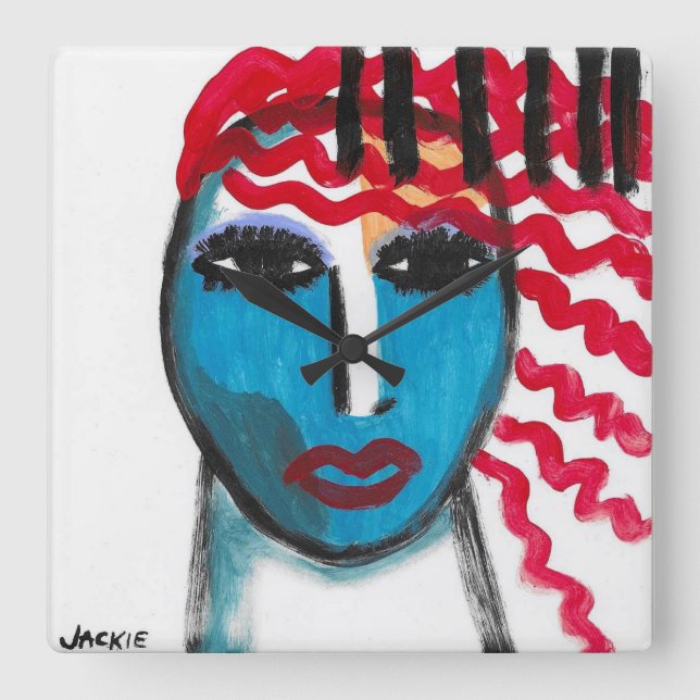 Reloj Cuadrado Cabeza roja Resumen arte decorativo (Anverso)