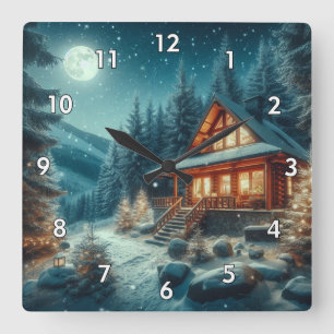 Reloj Cuadrado Cabina de registro en el bosque lleno de nieve baj
