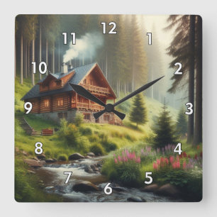 Reloj Cuadrado Cabina de registro, flujo y flores en el bosque