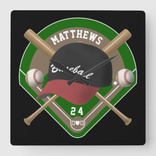 Reloj Cuadrado Cabo de béisbol Bats Diamante Nombre Personalizad