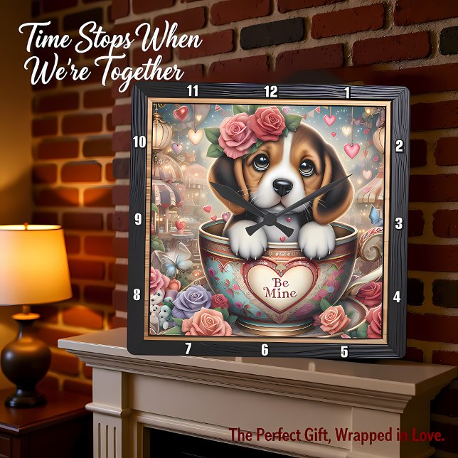 Reloj Cuadrado Cachorro Beagle Taza de té San Valentín (Subido por el creador)