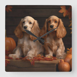 Reloj Cuadrado Cachorro Cocker Spaniel Delicia de Otoño Calabaza