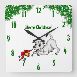 Reloj Cuadrado Cachorro con bell y ball, ¡Feliz Navidad!
