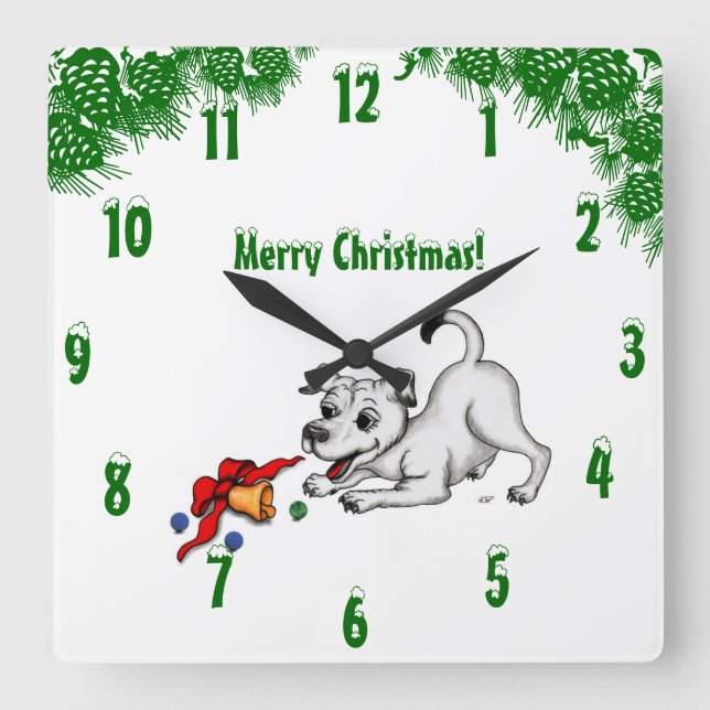 Reloj Cuadrado Cachorro con bell y ball, ¡Feliz Navidad! (Anverso)