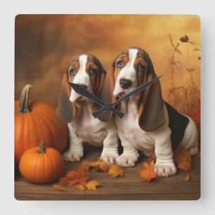 Reloj Cuadrado Cachorro de Basset Hound Delicia de Otoño Calabaza