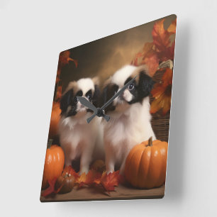 Reloj Cuadrado Cachorro de Chin Japonés Delicia de Otoño Calabaza